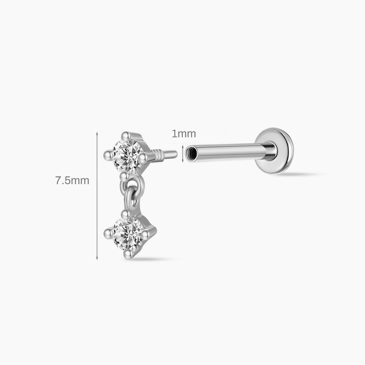 14K White Gold Double Round Drop Flat-Back Stud