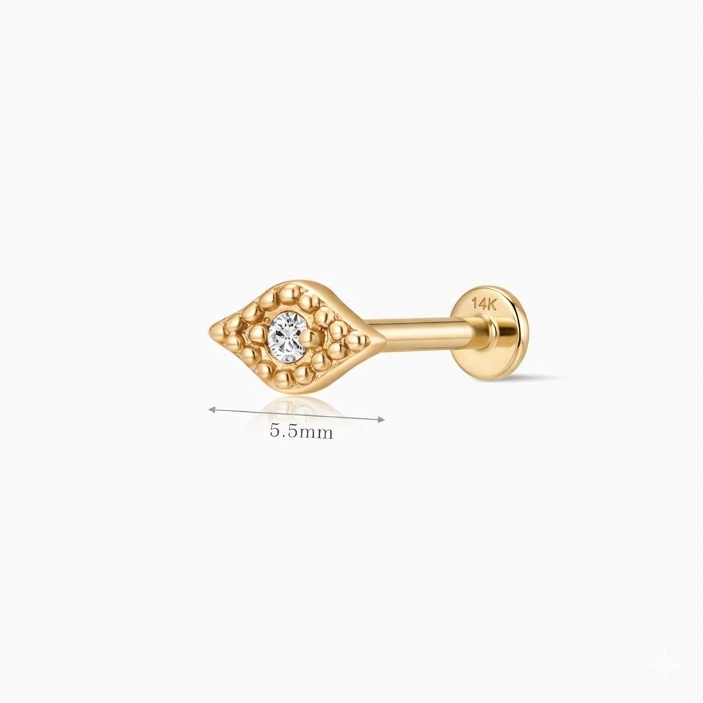 14K Solid Yellow Gold Textured Eye Flat Back Stud & Solid Gold Post