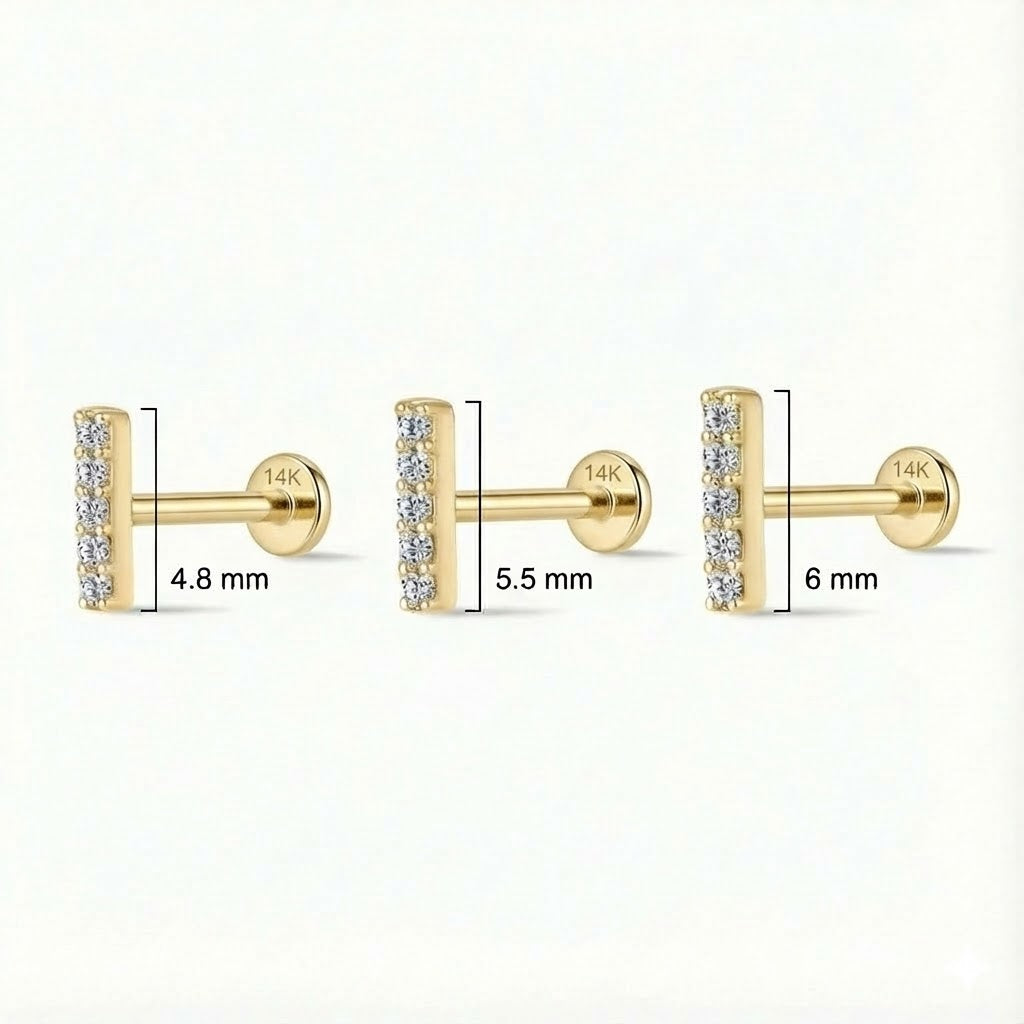 14K Solid Yellow Gold Vertical Pavé Bar Flat Back Stud & Solid Gold Post