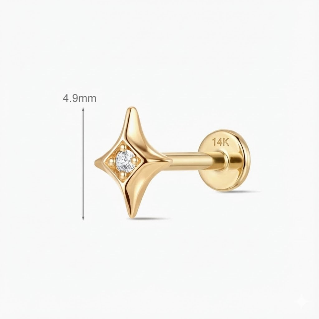 14K Solid Yellow Gold Star Flat Back Stud Piercing & Solid Gold Post