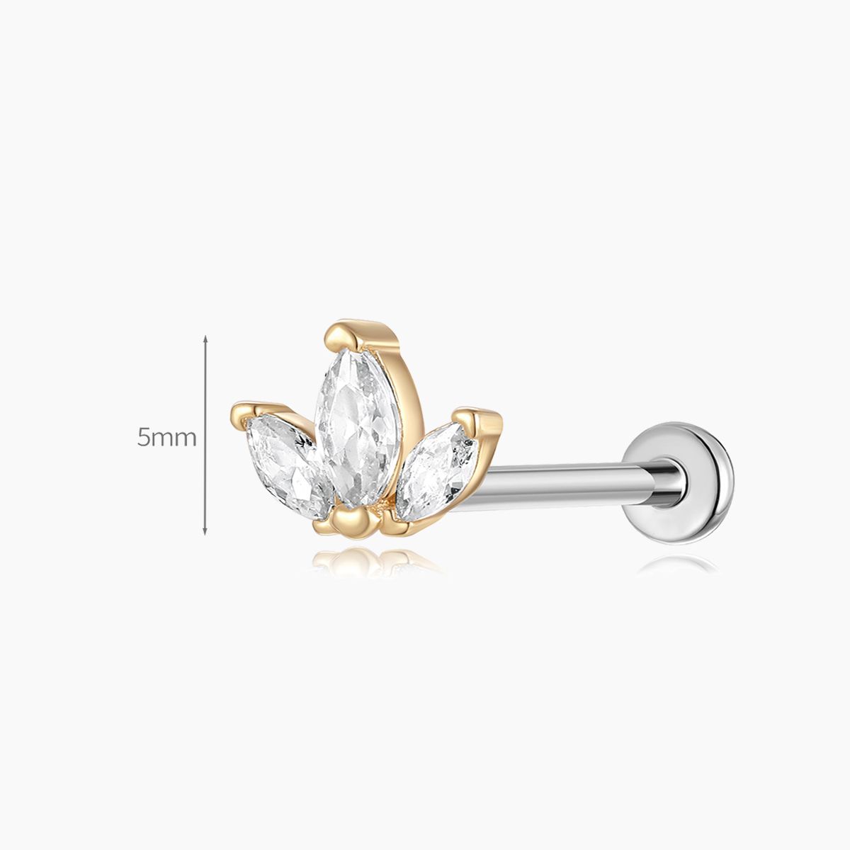 14K Solid Yellow Gold Triple Marquise Stud Flat Back Piercing