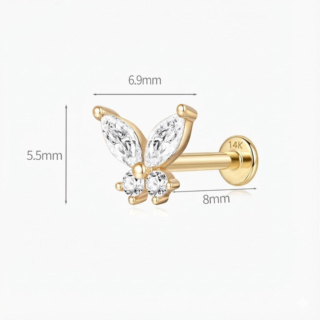 14K Solid Yellow Gold Butterfly Stud Flat Back Piercing & Solid Gold Post