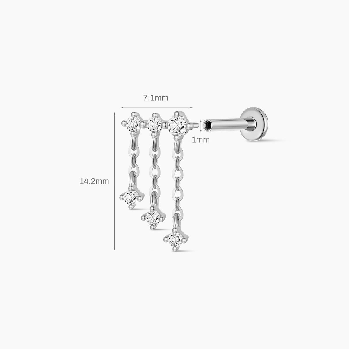 14K Solid White Gold Triple Chain Drop Flat Back Stud