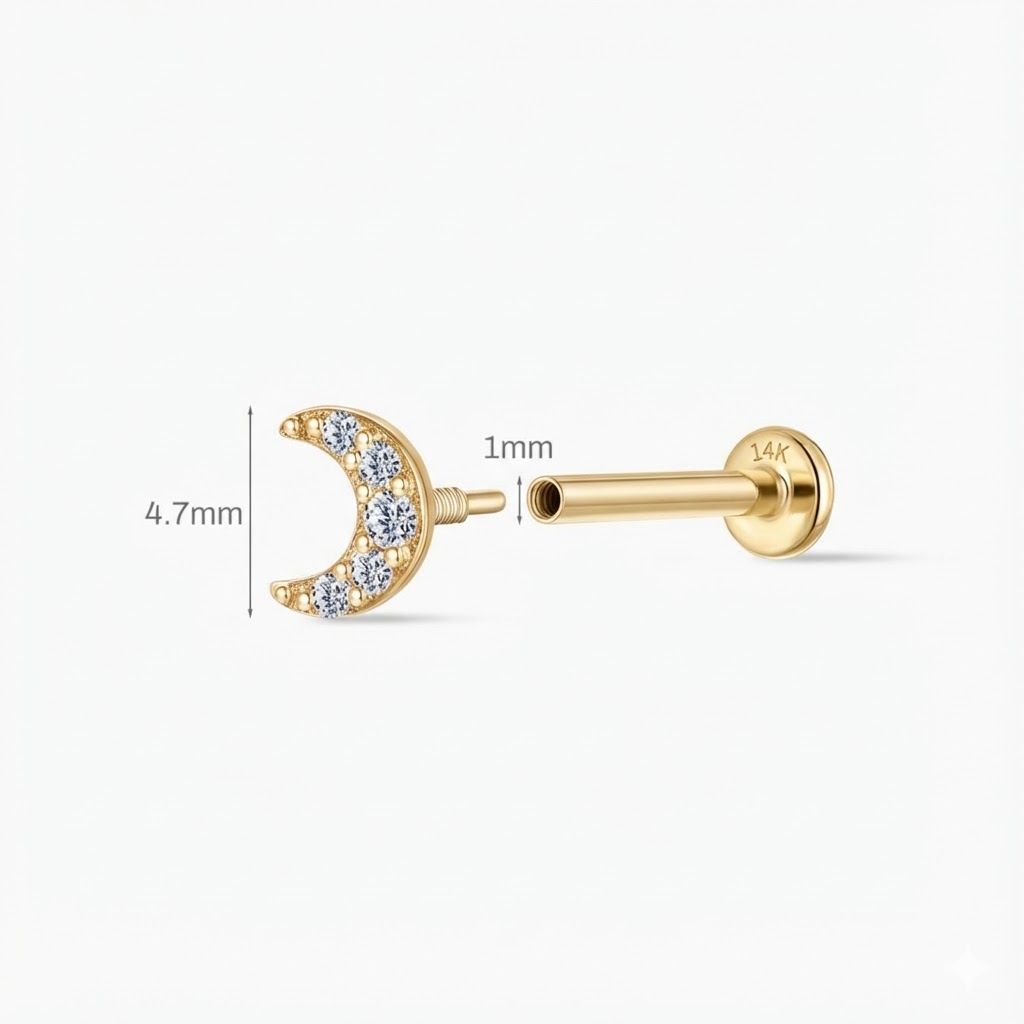 14K Solid Yellow Gold Crescent Moon Flat Back Stud & Solid Gold Post