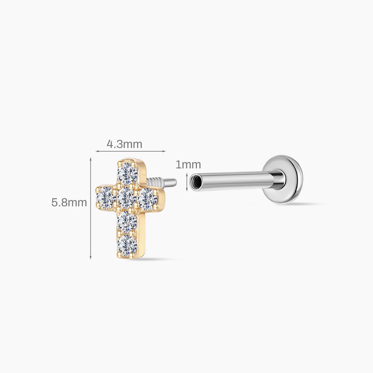 14K Solid Yellow Gold Cross Flat-Back Piercing Stud