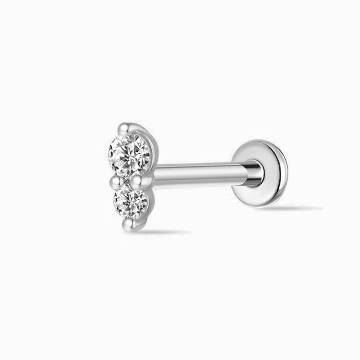 14K Solid White Gold Vertical Double Gem Flat Back Stud & Titanium Post