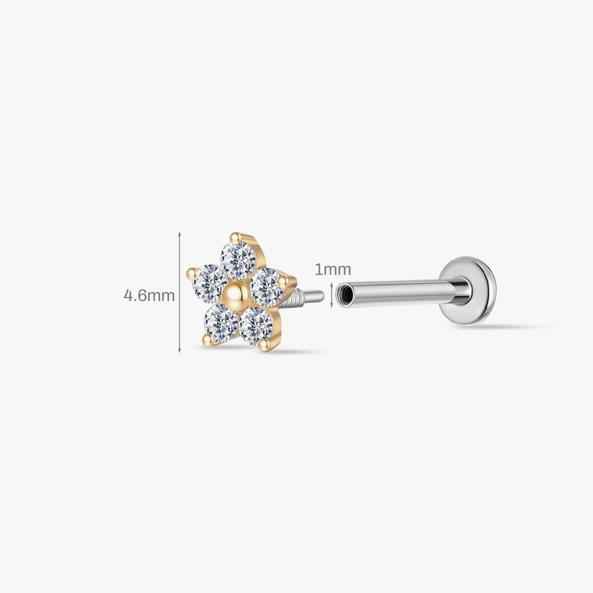 14K Solid Yellow Gold Five-Petal Floral Flat Back Stud Piercing