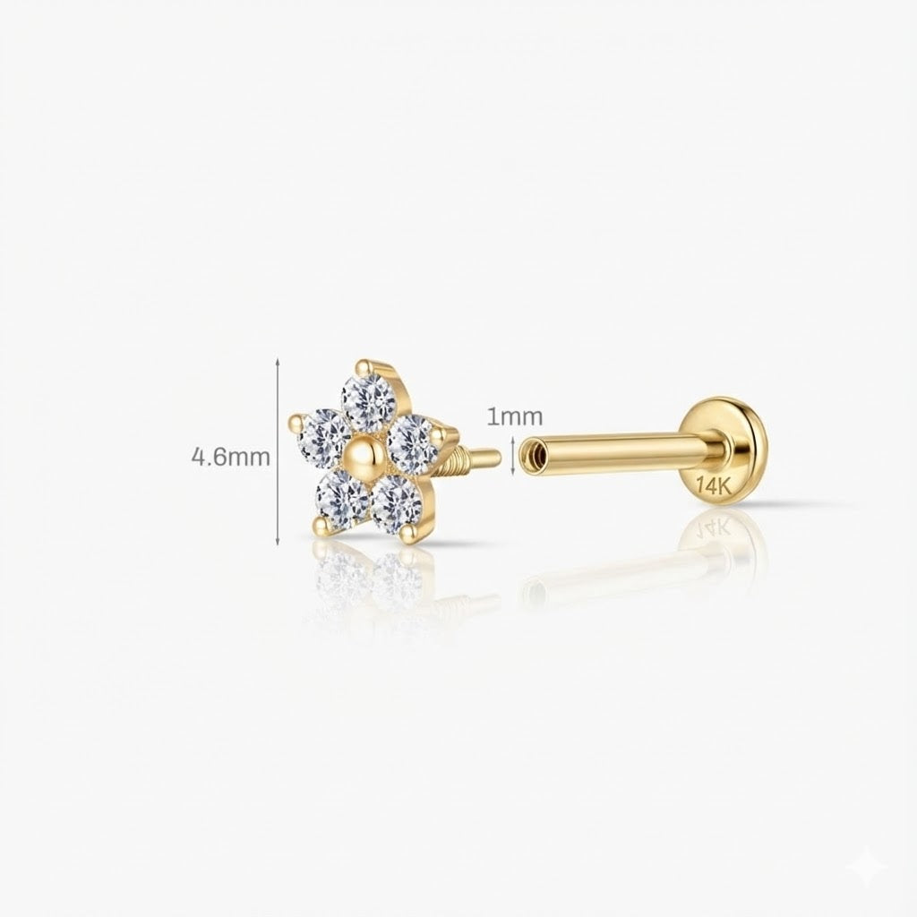 14K Solid Yellow Gold Five-Petal Floral Flat Back Stud & Solid Gold Post