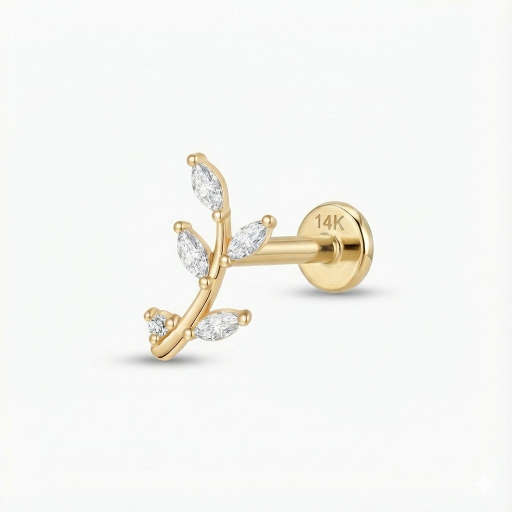 14K Solid Yellow Gold Leaf Branch Flat-Back Stud & Solid Gold Post