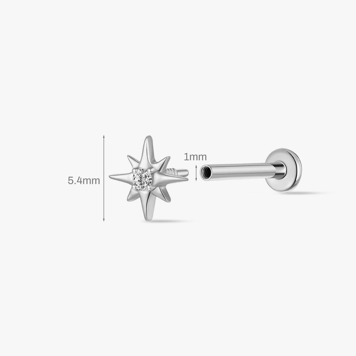 14K Solid White Gold Starburst Gem Flat Back Stud