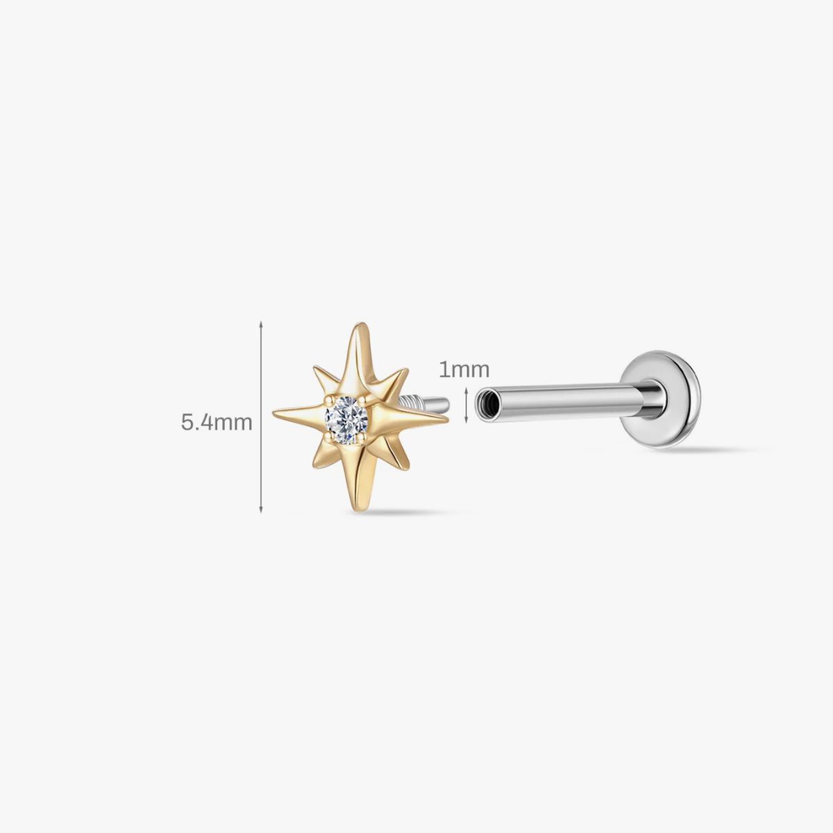14K Solid Yellow Gold Starburst Gem Flat Back Stud