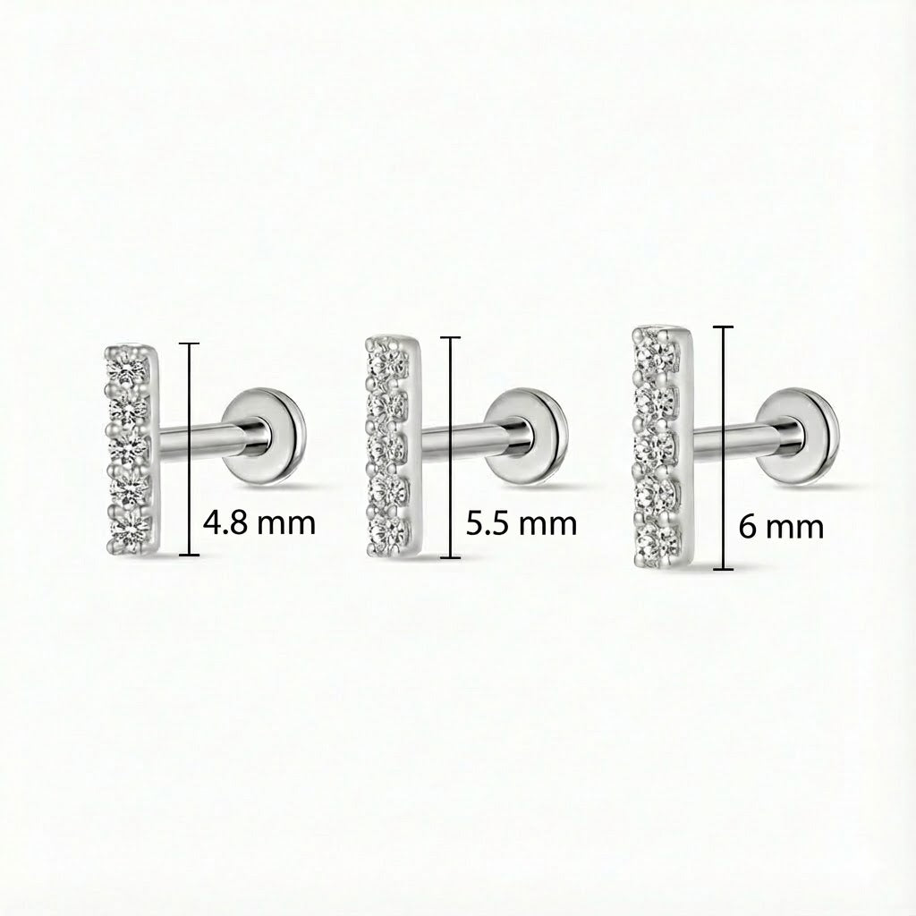 14K Solid White Gold Vertical Pavé Bar Flat Back Stud