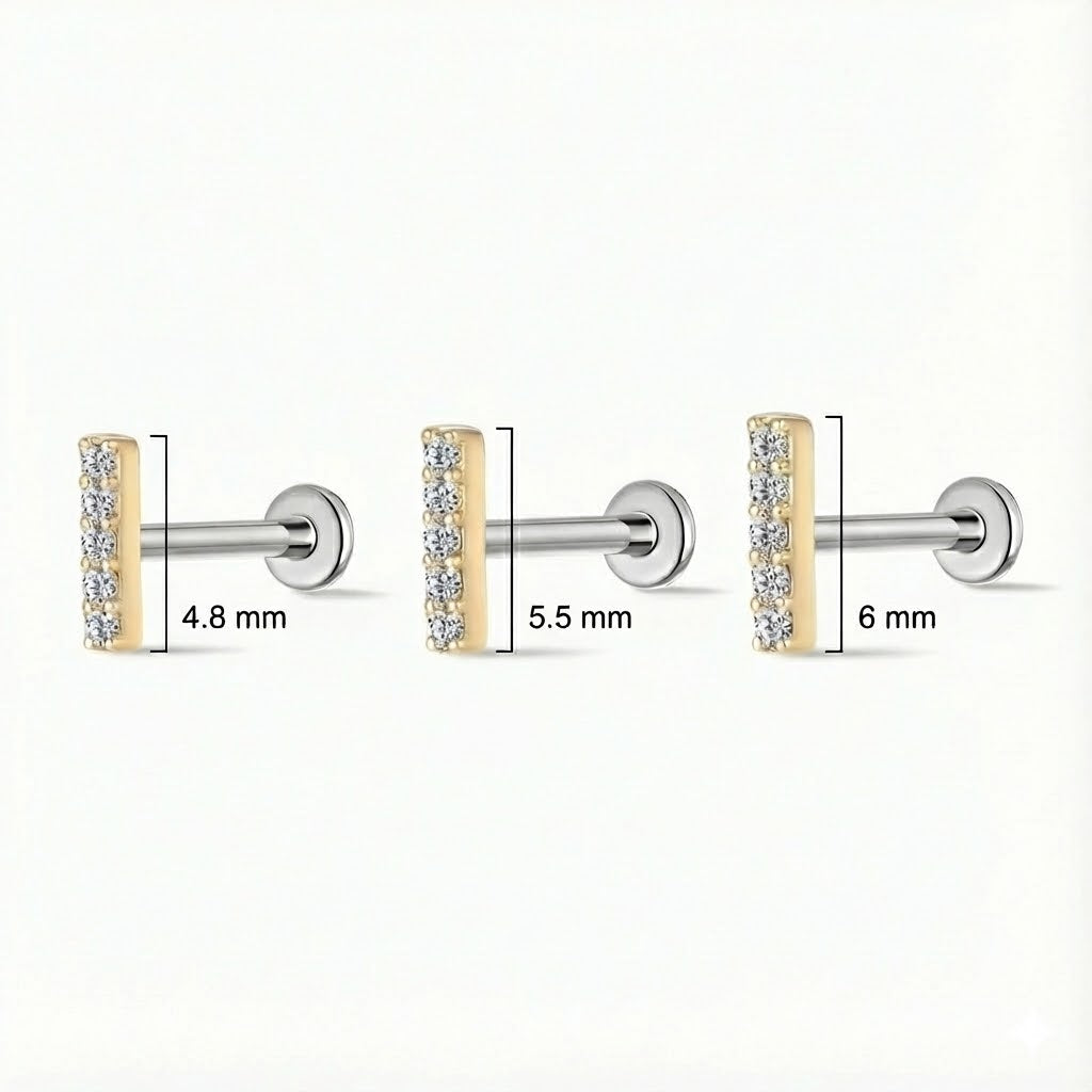 14K Solid Yellow Gold Vertical Pavé Bar Flat Back Stud