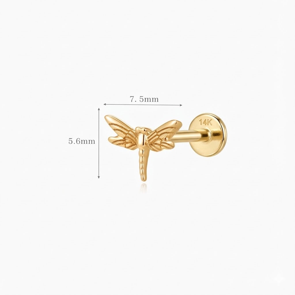 14K Solid Yellow Gold Dragonfly Flat Back Stud & Solid Gold Post