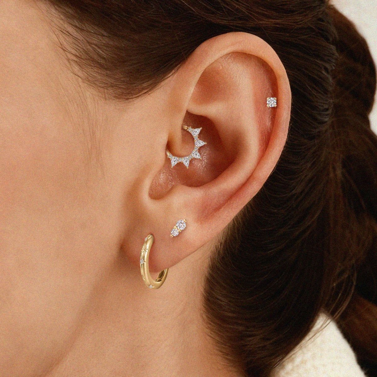 14K Solid Yellow Gold Vertical Double Gem Flat Back Stud