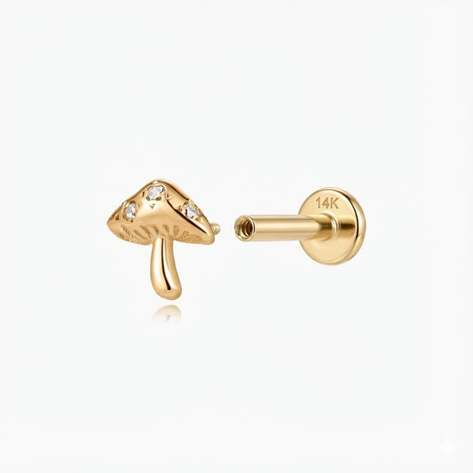 14K Solid Yellow Gold Mushroom Flat Back Stud & Solid Gold Post