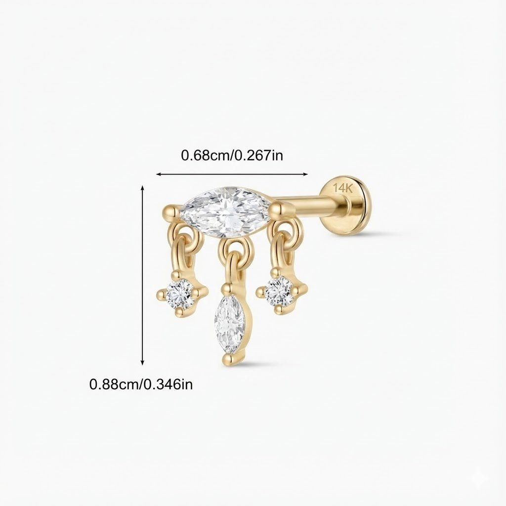 14K Yellow Gold Marquise Dangle Flatback Stud & Solid Gold Post