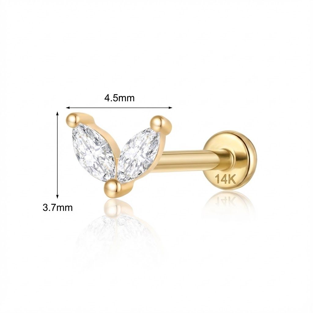 14K Solid Yellow Gold Marquise Duo Flat Back Stud & Solid Gold Post
