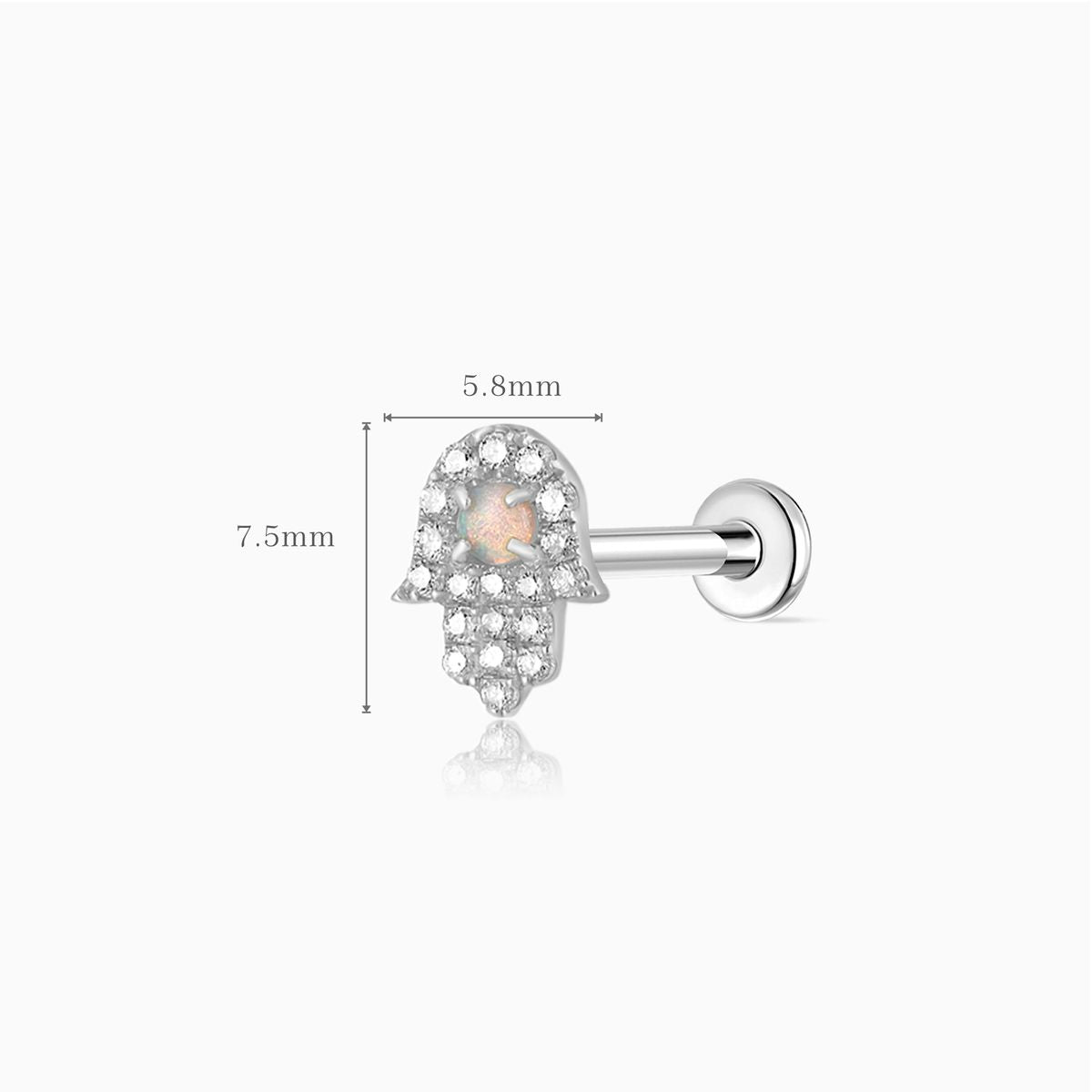 14K Solid White Gold Opal Hamsa Flat Back Piercing Stud
