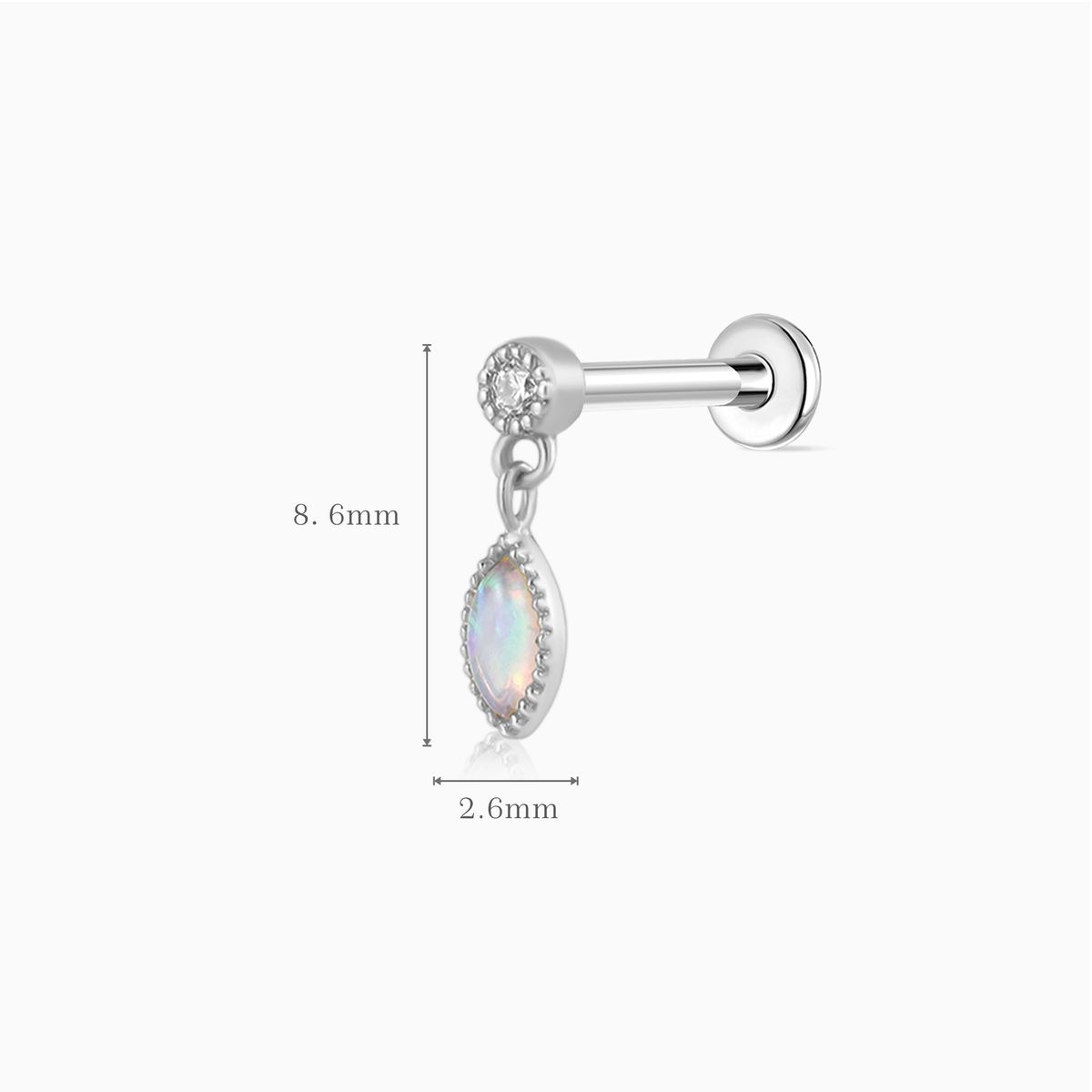 14K Solid White Gold Opal Marquise Dangle Flat Back Piercing