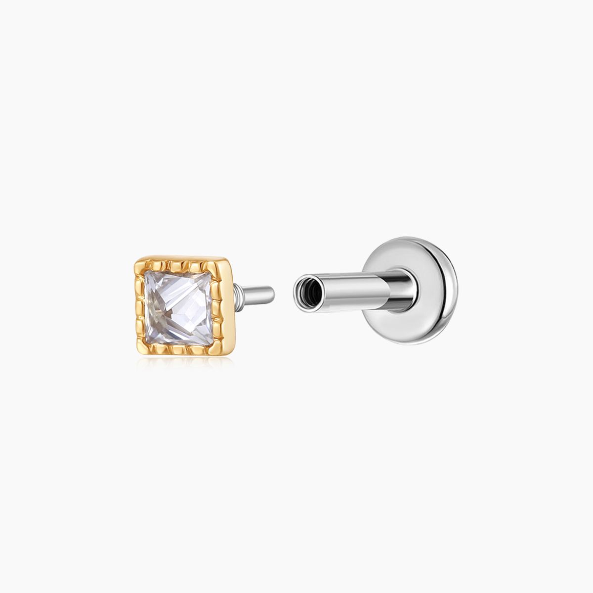 14K Solid Yellow Gold Square-Cut Textured Flat Back Piercing Stud
