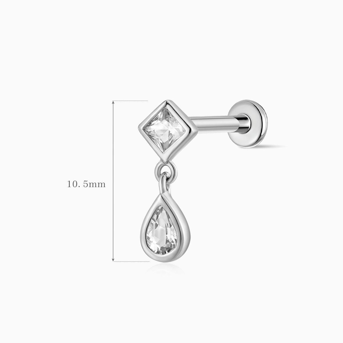 14K Solid White Gold Square & Pear Double-Drop Flat Back Stud