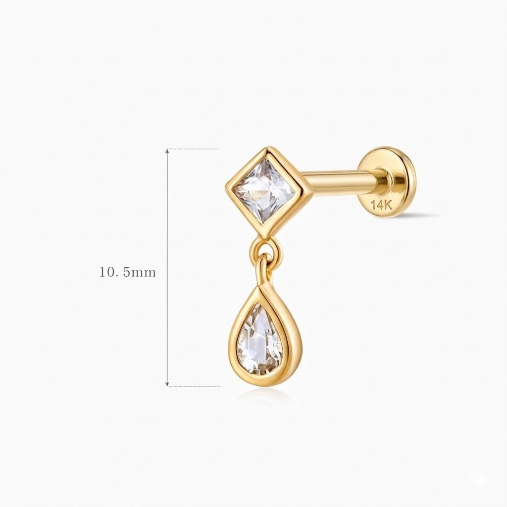 14K Solid Yellow Gold Square & Pear Double-Drop Flat Back& Solid Gold Post