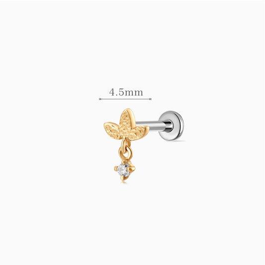 14K Solid Yellow Gold Textured Leaf Dangle Flat Back Piercing