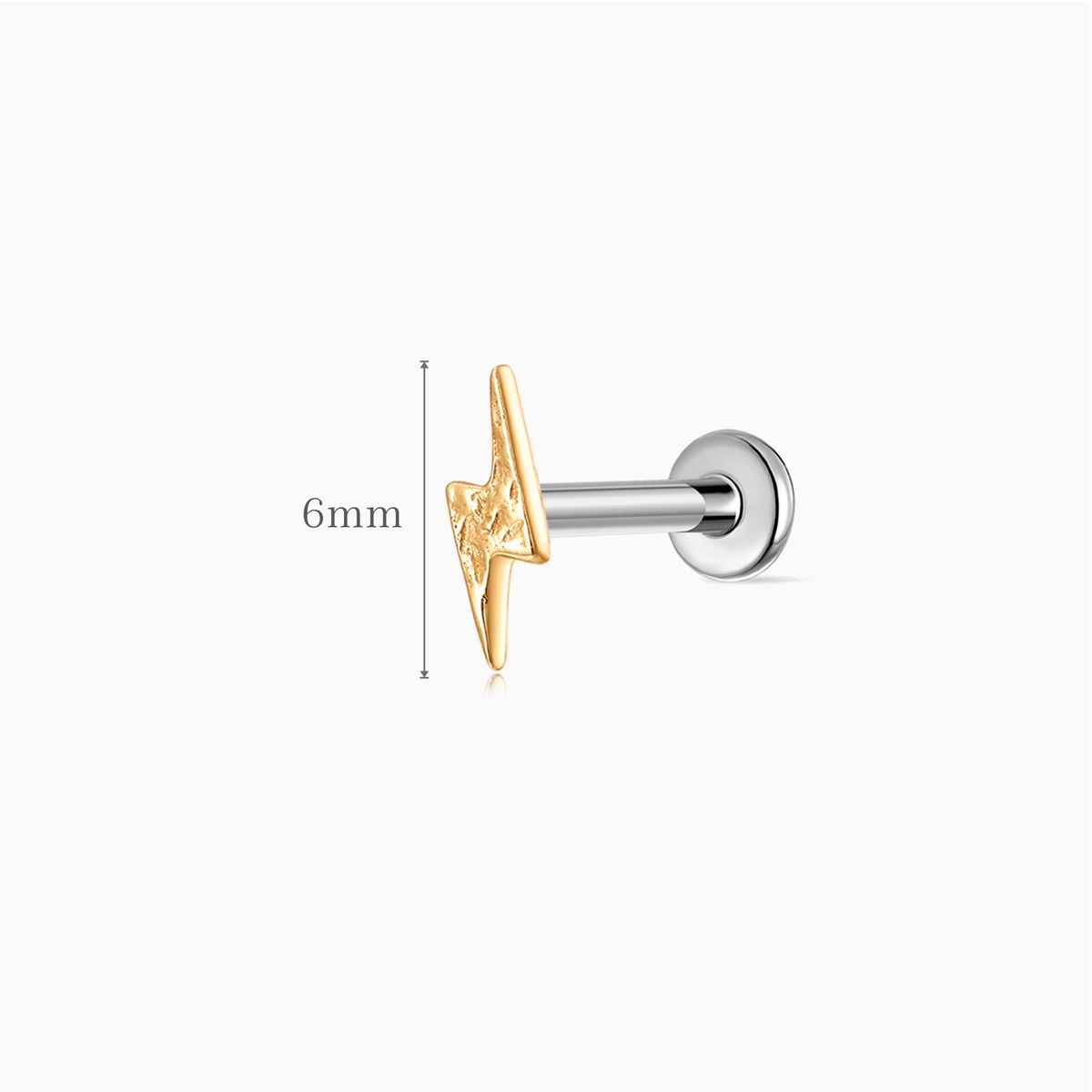 14K Solid Yellow Gold Textured Lightning Flat Back Piercing Stud