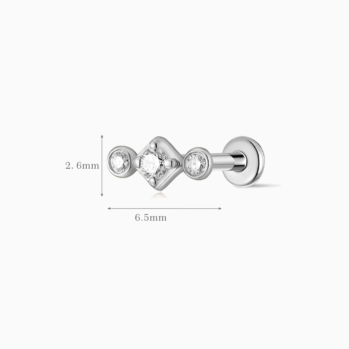 14K Solid White Gold Three-Stone Flat Back Stud