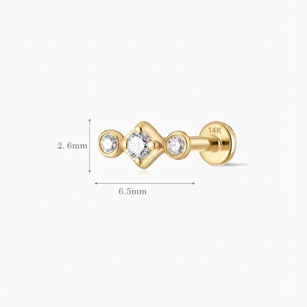 14K Solid Yellow Gold Three-Stone Flat Back Stud & Solid Gold Post