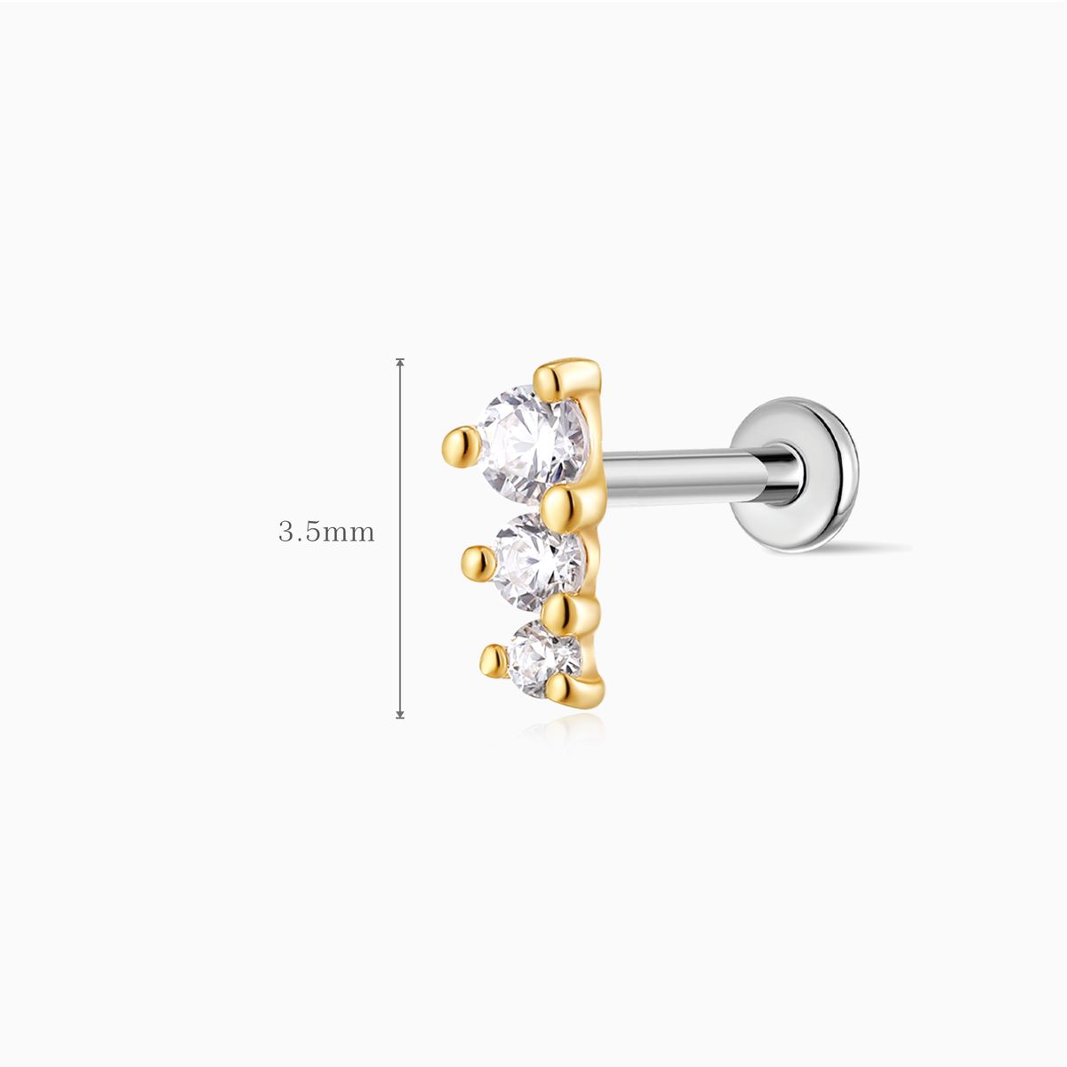 14K Solid Yellow Gold Three-Stone Vertical Flat Back Stud