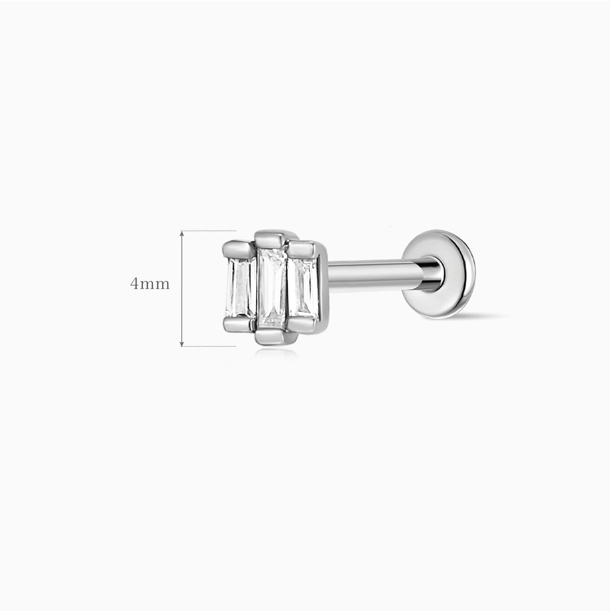 14K Solid White Gold Triple Baguette Stud