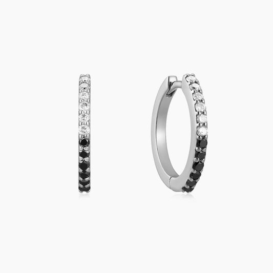 14K Solid White Gold Black & White Pavé Huggie Hoop Earring