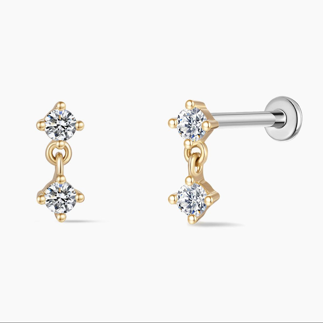 14K Yellow Gold Double Round Drop Flat-Back Stud