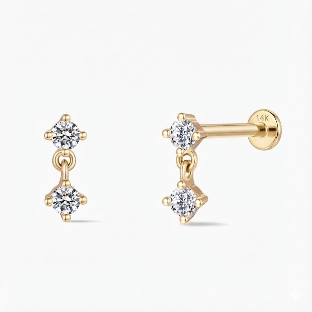 14K Yellow Gold Double Round Drop Flat-Back Stud & Solid Gold Post