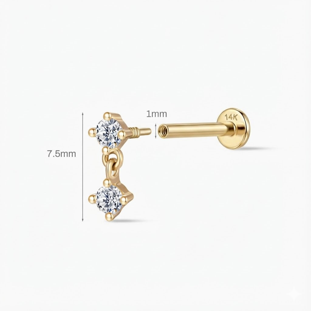14K Yellow Gold Double Round Drop Flat-Back Stud & Solid Gold Post