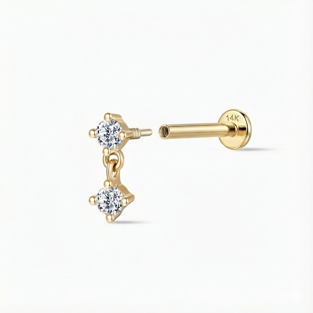 14K Yellow Gold Double Round Drop Flat-Back Stud & Solid Gold Post