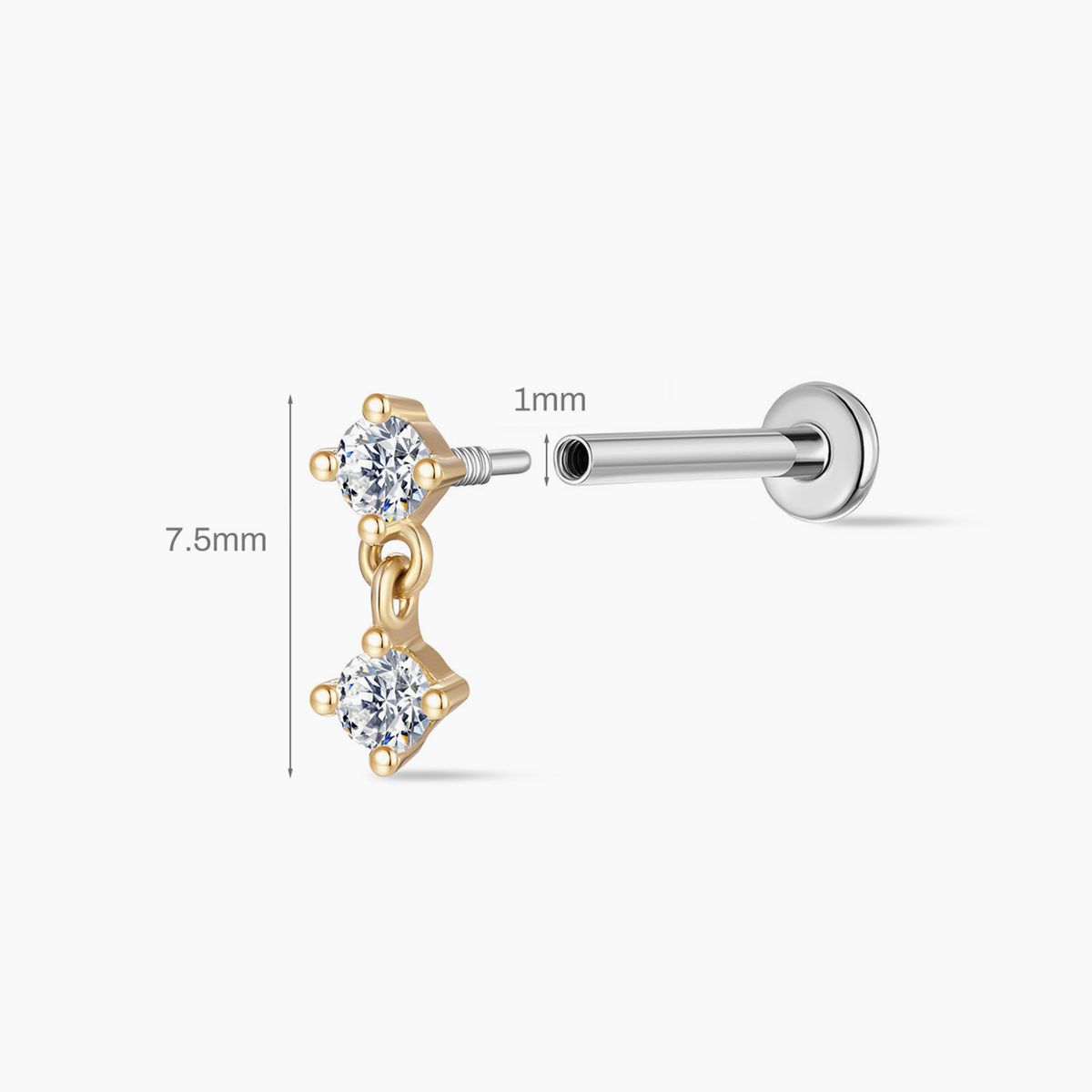 14K Yellow Gold Double Round Drop Flat-Back Stud