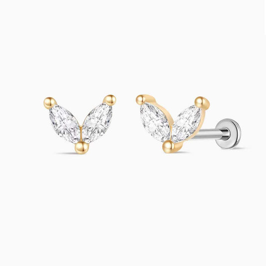 14K Solid Yellow Gold Marquise Duo Flat Back Stud Piercing