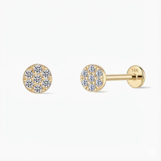 14K Yellow Gold Round Pavé Flat Back Stud & Solid Gold Post