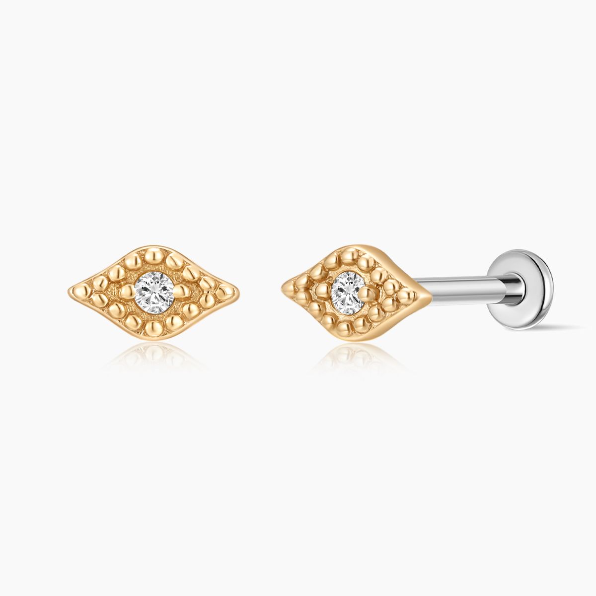 14K Solid Yellow Gold Textured Eye Flat Back Stud