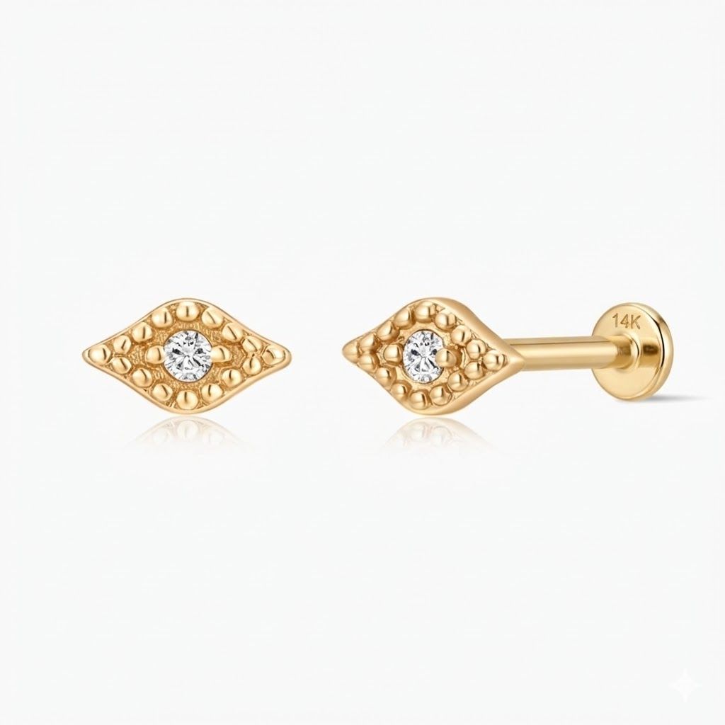 14K Solid Yellow Gold Textured Eye Flat Back Stud & Solid Gold Post
