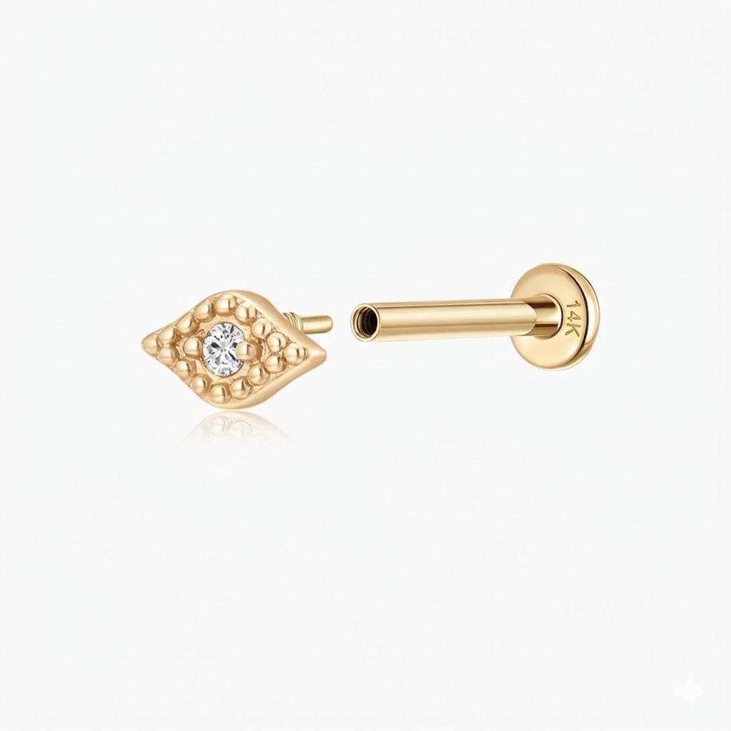 14K Solid Yellow Gold Textured Eye Flat Back Stud & Solid Gold Post