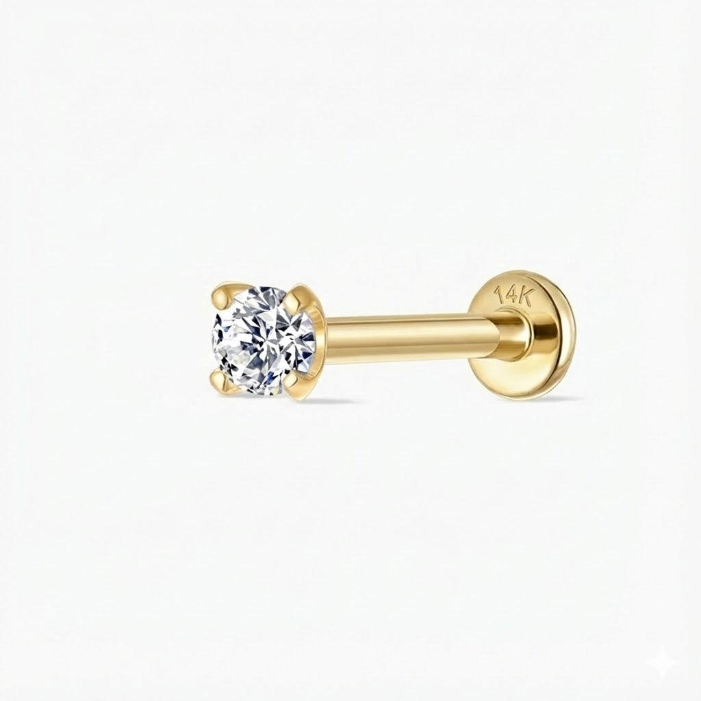14K Solid Yellow Gold Classic 4-Prong Setting Flat Back Stud & Solid Gold Post