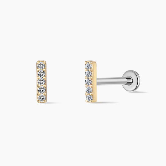 14K Solid Yellow Gold Vertical Pavé Bar Flat Back Stud