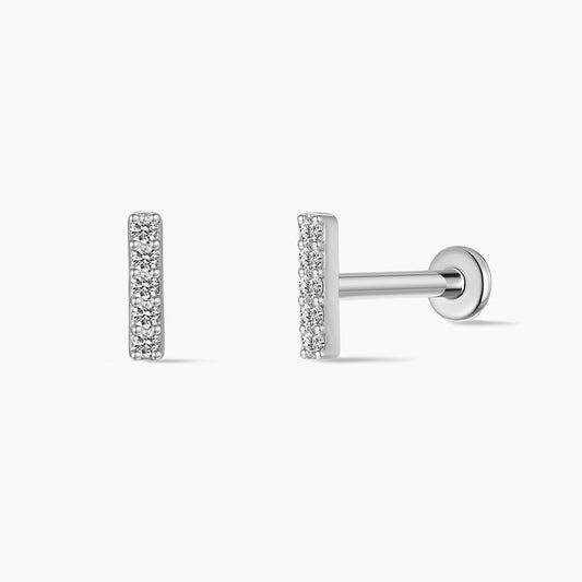 14K Solid White Gold Vertical Pavé Bar Flat Back Stud