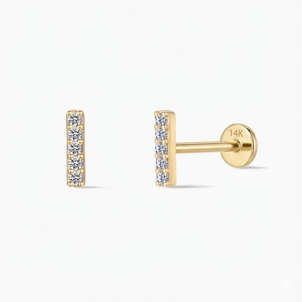 14K Solid Yellow Gold Vertical Pavé Bar Flat Back Stud & Solid Gold Post