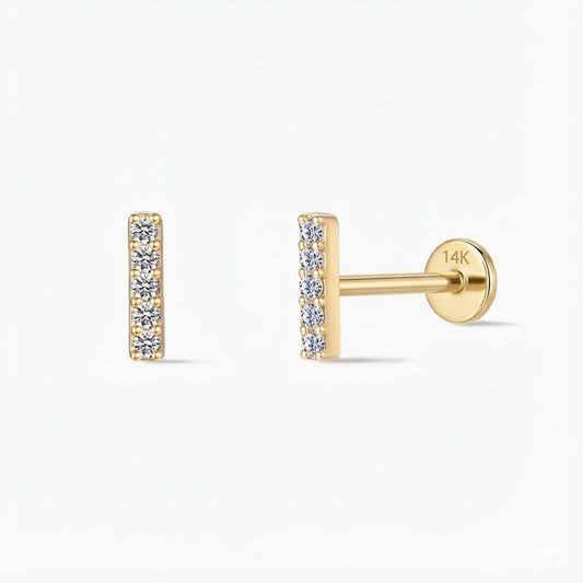 14K Solid Yellow Gold Vertical Pavé Bar Flat Back Stud & Solid Gold Post