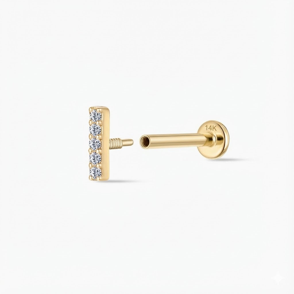 14K Solid Yellow Gold Vertical Pavé Bar Flat Back Stud & Solid Gold Post